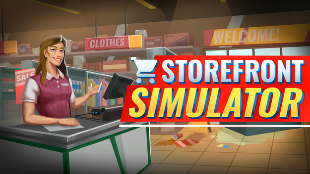 Storefront Simulator key art showing a cashier at a supermarket checkout beside the game title.